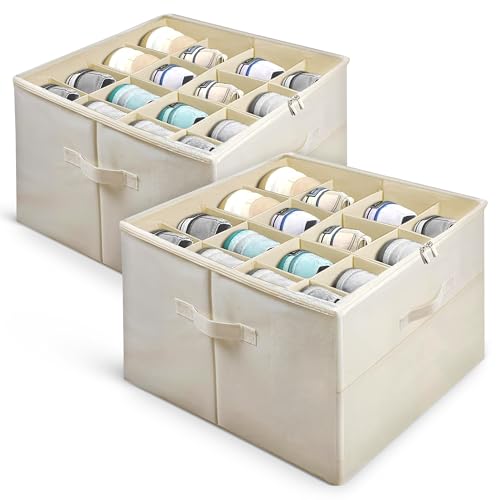 Under Bed Shoe Storage Organizer 16 Compartment, Foldable Shoe Organizer Under Bed with Clear PVC Lid, Shoe Storage Box with Zipper & Handle for Closet Bedroom, Off White, Pack of 2 - color: Off White