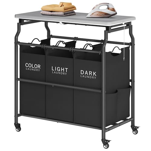 Hoctieon 3 Section Laundry Sorter Cart with Ironing Board, Laundry Hamper with Shelf and Rolling Wheels, Heavy Duty Laundry Basket Organizer, Large Clothes Separator Hamper with Removable Bags, Black - color: Black