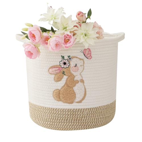 INough Toy Storage Baskets Woven Cotton Rope Storage Basket for Kids, Blanket Baskets for Living Room Stuffed Animal Storage Toys Organizer with Embroidery Decor, Cute Baskets for Nursery (Bunny) - color: Bunny, size: Medium