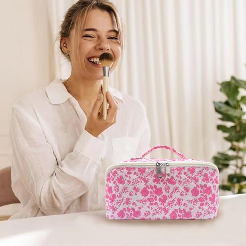 Pink Large Quilted Floral Makeup Bag Cute Coquette Aesthetic Cosmetic Bag Open Flat Travel Toiletry Make up Bag for Women - color: C-lay flat pink