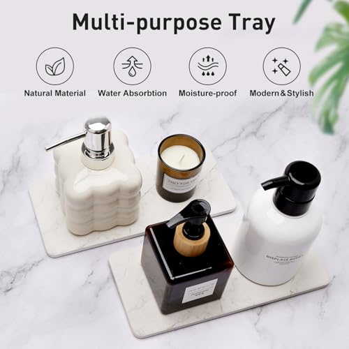 2 Pcs Water Absorbing Stone Drying Trays for Bathroom Sink Kitchen Counter Soap Dish Dispenser Sponge Holder White Ceramic Bathroom Vanity Quick Dry Stone Mat for Kitchen Sink Marble Diatomite Tray - color: White Marble