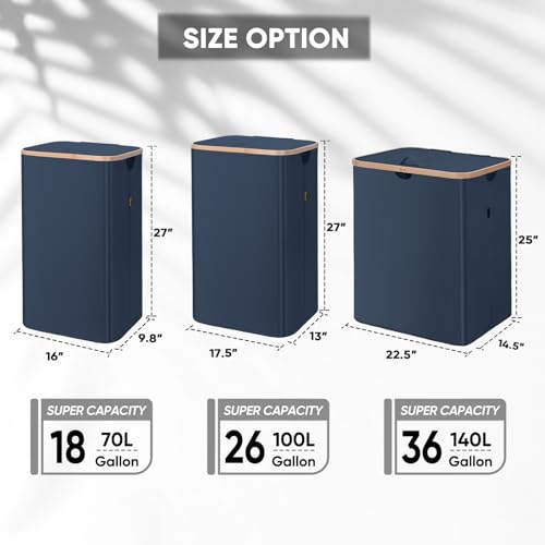 BALEINE Laundry Hamper with Lid, Tall Laundry Baskets with Bamboo Pull Handles, Large Laundry Bin with Internal Support (18 Gal/70L, Blue) - color: Blue, size: 70 liters