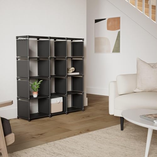 Mavivegue Book Shelf, 12 Cube Storage Organizer, DIY Bookcase, Metal Bookshelf,Tall Book case for Bedroom, Living Room,Office,Closet, Black Cubicle Rack - color: Black, size: 12-Grid