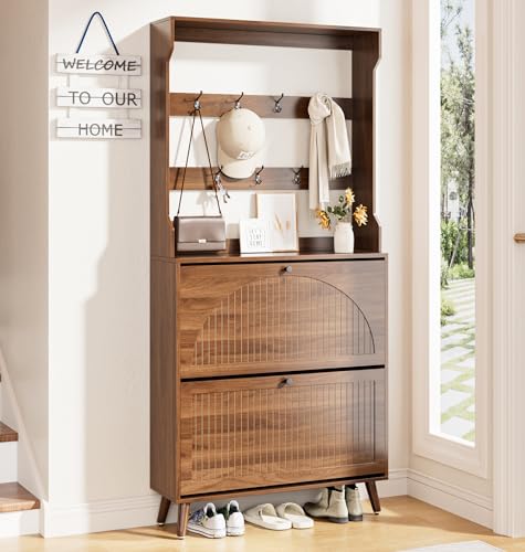 Fsbecl Shoe Cabinet for Entryway with 2 Flip Drawers & Coat Rack, Narrow Hidden Shoe Storage Cabinet with Fluted Panel, 2-in-1 Hall Tree Slim Freestanding Shoe Rack Organizer for Hallway, Walnut - color: Walnut- Double Layer With Rack