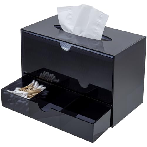 MyGift Premium Black Acrylic Cosmetic Organizer Caddy and Tissue Box Cover with Pull Out Makeup Storage Drawer - Countertop Bathroom Supplies Holder - color: Black