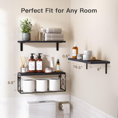 Amada Bathroom Shelves Over Toilet with Storage Basket, Floating Wall Shelf for Home Organization & Wall Decor, Bathroom/Kitchen/Living Room Shelves–Black - color: Black