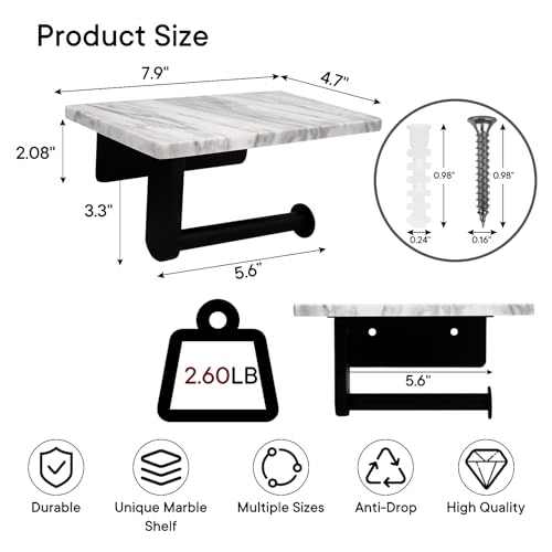 Toilet Paper Holder with Natural Marble Shelf for Bathroom Washroom,Wall Mounted Tissue Holder Suitable for Mega Rol(Middle 7.87 * 4.72 in, Matte Black) - color: Matte Black, size: Middle 7.87 * 4.72 in