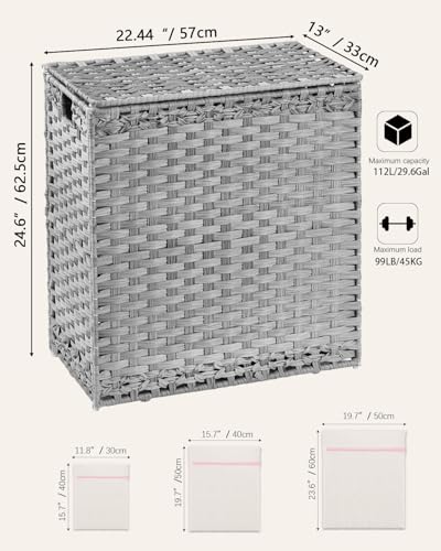 SETVSON Laundry Hamper with Lid Wicker Laundry Basket 112 L (29.6 Gal) Laundry Hampers Handwoven Rattan Clothes Hamper with Handles 3 Removable Liner Bag, 6 Mesh Bags for Bathroom Bedroom Gray - color: Grey, size: 29.6 Gal