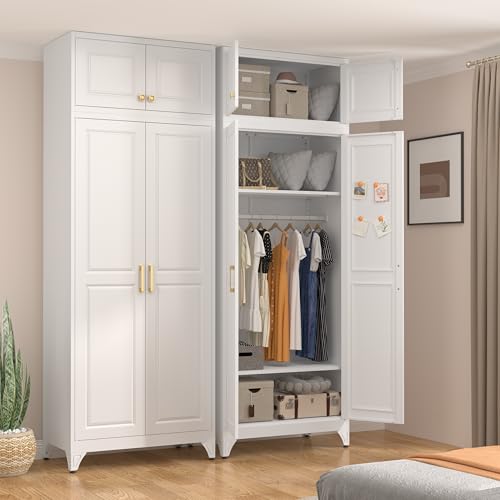 UNICOLY 86.6" Amoire Wardrobe Closet, 71" Wardrobe Cabinet with 15.74" Cabinet, Metal Closets with Hanging Rod for Bedroom School, Employee, Gym, Armarios De Ropa para Domitorio, White - color: White, size: 86.6 Inch Square-J with 0 Drawers