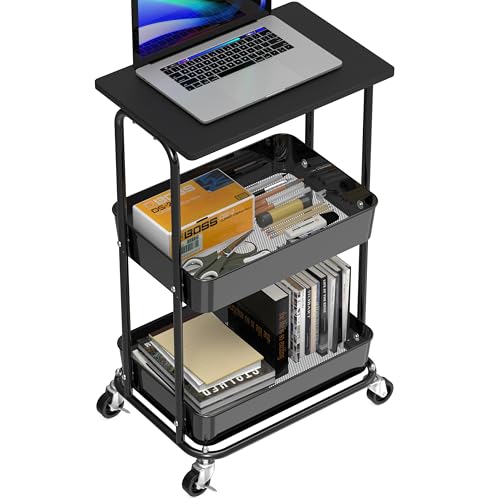 Simple Houseware 2-Tier Rolling Utility Cart with Lockable Wheels and Wood Top, Metal Storage Organizer Trolley for Kitchen, Bathroom, Office, Craft Room, Black - color: Black