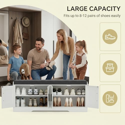 Homleke 2-Tier Storage Bench, Shoe Bench with Thickened Padded Seat Cushion, Entryway Bench with 4 Doors, Adjustable Shelf, 13.8" D x 45.3" W x 18.5" H, for Entryway, Living Room, Bedroom, White - color: White, size: 45.3"