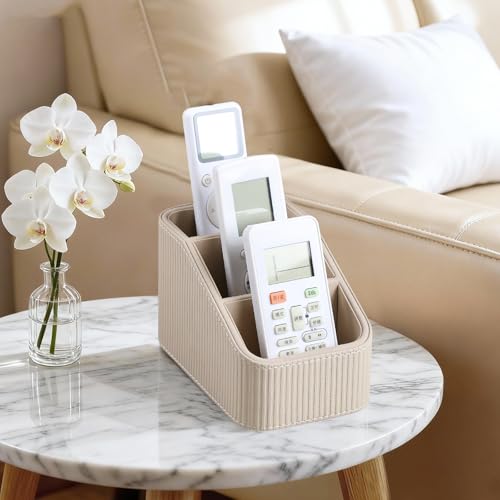 Remote Control Holder, PU Leather Nightstand Organizer Bedside Caddy with 3 Compartments, Small Desk Organizer for Remote/Pen/Glasses/Phone (Beige) - color: Beige