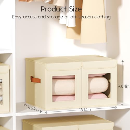 Homsorout Large Closet Storage Bins - Collapsible Divided Clothes Organizer with Lids & Dual Window, Fabric Organizing Bins for Clothes, Sweater, Bedroom, Office (Beige, 4 Pack) - color: Beige, size: L(4-Pack)