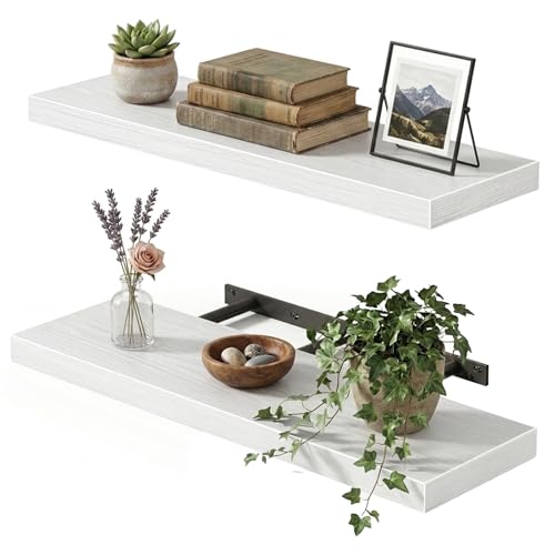 Fixwal White Shelves, 22" Long Floating Shelves for Living Room, Bedroom, Bathroom and Kitchen, Wall Mounted Shelves for Storage, Books, Room Decor Set of 2 - color: White, size: 22in
