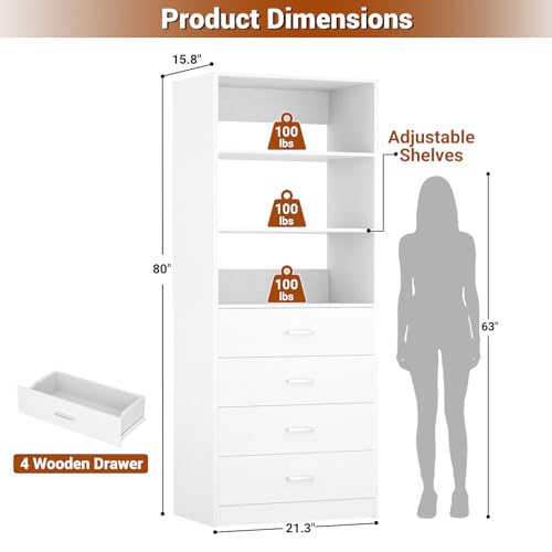 Aheaplus Closet Drawers Organizer System, 21.3" Wood Closet System with 4 Drawers, Modular Walk-in Closets Storage Unit, Tall Bookshelf Storage Cabinet, White22 - color: White