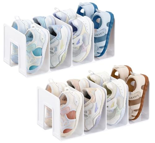 HBlife White Acrylic Kids Shoe Rack for Closet Organizers and Storage, Small Shoe Rack 4 Sections Toddler Baby Shoe Storage Organizer Stackable Shoe Shelf,Desk File Sorter Book Purse Organizer(2 Pack) - color: White, size: 2 Pack