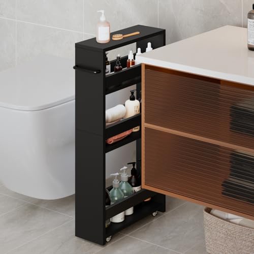 MARTY Slim Rolling Storage Cart 4-Tier Kitchen Cart with Wheels, Laundry Room Storage with Handle Slide Out Utility Cart Shelving Unit Organizer Trolley for Narrow Places Bathroom Small Corner, Black - color: All Black, size: 5.51"D x 15.75"W x 31.5"H