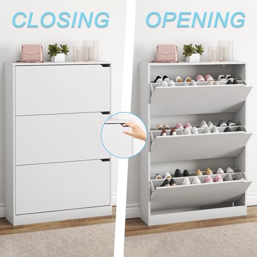 BORNOON Shoe Cabinet with 3 Flip Drawers, Hidden Wood Shoe Cabinet,Freestanding Shoe Storage Cabinet for Entryway Hallway.White. 47.2" H*31.5" W*9.45" D. - color: White, size: 3 Drawers