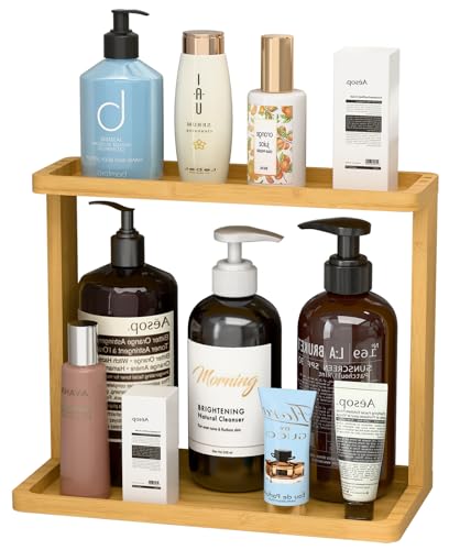 PEKER Bamboo Bathroom Organizer Countertop – Small Vanity Storage Shelf for Makeup, Perfume, Skincare – Natural Cosmetics Display Rack for Dresser, Sink, Kitchen – Natural - color: Natural Bamboo