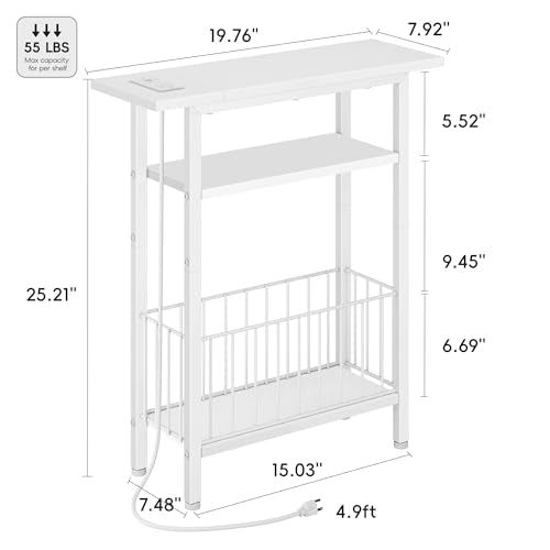 Vagusicc Narrow Side Table with Charging Station, Skinny Side End Table for Couch, 3-Tier Small End Tables for Small Spaces, 25.2" Tall Slim Nightstand Bedside Table for Living Room, Bedroom, White - color: White, style: With Plug