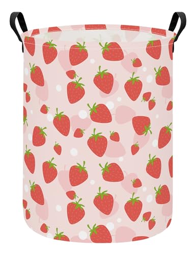 Collapsible Fabric Storage Basket, Waterproof Laundry Hamper with Handles, Round Storage Bin for Clothes Toys, Foldable Organizer for Bedroom Nursery Bathroom(Round-Pink Strawberry) - color: Round-Pink Strawberry