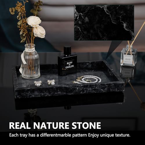 Real Natural Marble Tray for Bathroom, Vanity, Kitchen and Desktop, Rectangle Genuine Marble Stone Tray for Jewelry, Cosmetics, Candles, Lotion, Perfume and Home Decor Black - color: Gray, size: 12" x 8" x 1.2"