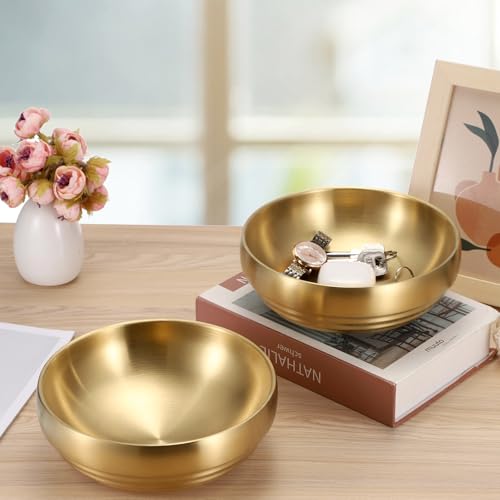7.4" Gold Decorative Bowl - 2 Packs Key Bowls for Entryway Table Catchall Vintage Round Key Holder Bowl for Candy Fruit, Home Decor - color: Gold, size: 2 Pack,7.4 Inches