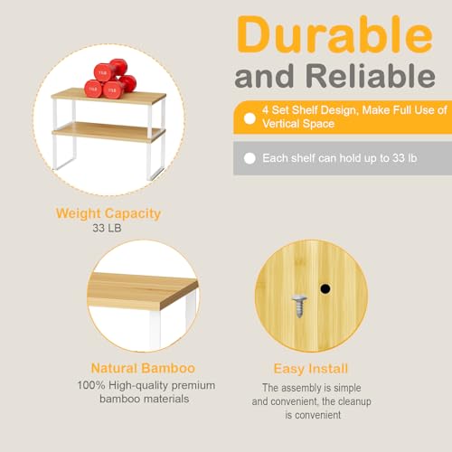 OGEMXU Cabinet Shelf Organizers, 15.7 inches Large Kitchen Counter Shelf, Set of 4 Wood Kitchen Pantry Organizer, Storage Shelves for Countertop, Spice Rack, Stackable, Expandable, Metal White, Nature - color: White and Natural Beige, size: 4pcs 7.8" D x
