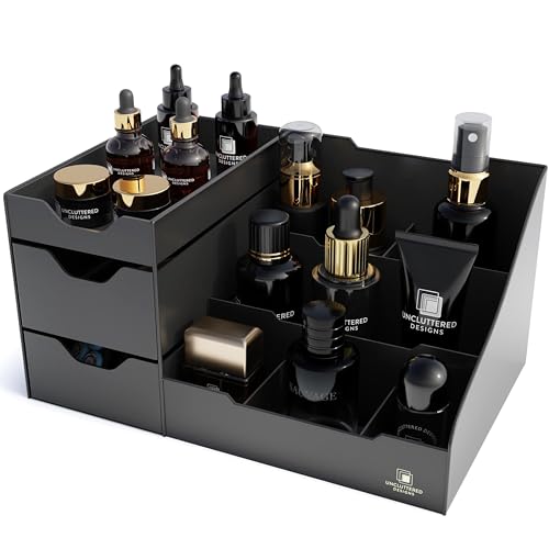 Uncluttered Designs Large Black Vanity Organizer - Countertop Mens Organizer With Drawers for Cologne, Deodorant, Beard, Shaving Lotion, Perfume & Skincare - Perfect for Bathroom & Bedroom Storage - color: Black