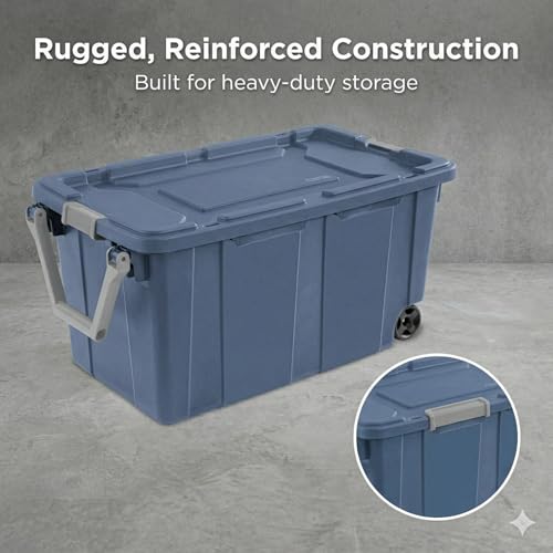 40 Gallon Wheeled Storage Tote with Lid – Heavy Duty Rolling Storage Bin with Ergonomic Handle & Secure Latches – Large Plastic Stackable Container for Garage Basement Workshop (Blue) - size: Blue