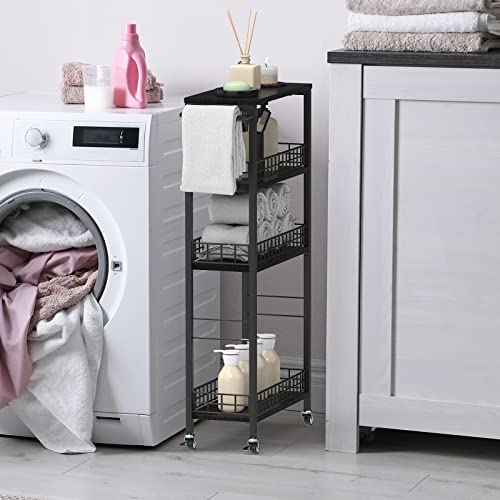 Slim Storage Cart 4 Tier Rolling Kitchen Cart Utility Serving Cart Laundry Room Narrow Cart with Handle Mobile Sheving Unit Organizer Wood Rolling Storage Cart for Bathroom Small Spaces, Modern Black - color: Black