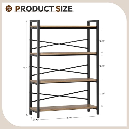 4 Tier Bookshelf 31.49" Width, Tall Book Shelf Storage and Organization, Wooden and Metal Industrial Bookcase, Large Book Shelves for Home Living Room Bedroom Office Storage(Light Coffee) - color: Light Coffe, size: 4 Tier - 31.5" W
