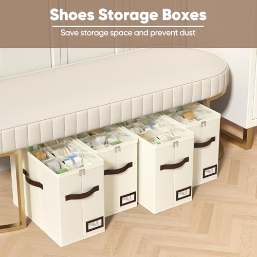 OIAHOMY 4 Pack Shoe Organizer for Closet, Foldable Shoe Storage Bins with Adjustable Dividers, Stackable Oxford Cloth Sneaker Boxes for Entryway Bedroom, Fits Up to 32 Pairs, Beige - color: Beige, size: 4 Pack
