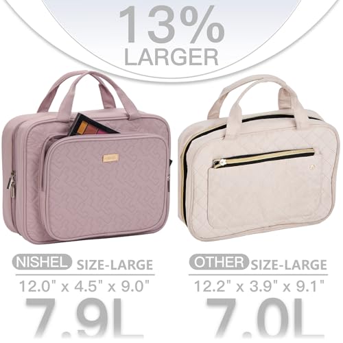NISHEL Travel Toiletry Bag for Women, Makeup Essentials Organizer, Hanging Case for Accessories, Cosmetics, Large Size, Peach Pink - color: Peach-Pink, size: Large