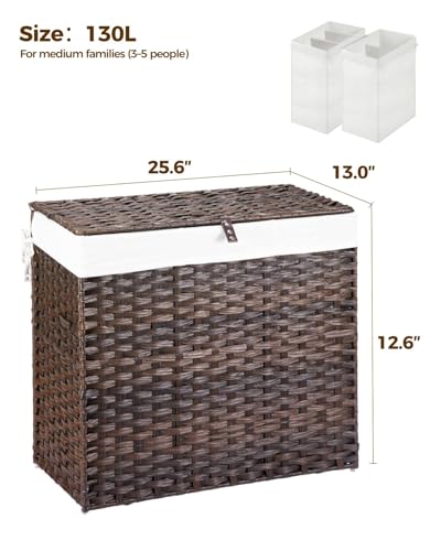 GREENSTELL Laundry Hamper with Wheels&Lid, 130L Large 3 Sections Clothes Hamper with 2 Types Removable Liner Bags, 5 Mesh Laundry Bags, Handwoven Divided Laundry Basket Brown - color: Brown, size: 130L: 25.6x13.0x25.7 Inches