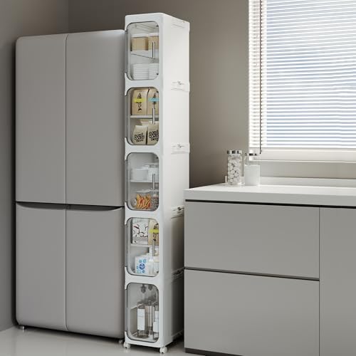 5-Tier Tall Narrow Storage Cabinet, Slim Bathroom Storage Cabinet with Adjustable Shelves and Wheels, Narrow Organizer for Small Space, Bathroom, Kitchen, Laundry, White - color: White, size: 5-Tier