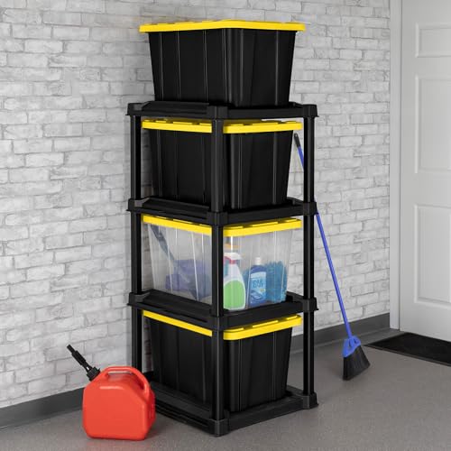 Sterilite 4 Tier Tote Rack, Vertical Plastic Organizer with 4 Pack 27 Gallon Industrial Storage Totes, Black - for Garages, Workshops, or Basements - size: 27 Gallon - Black/Yellow + Tote Rack