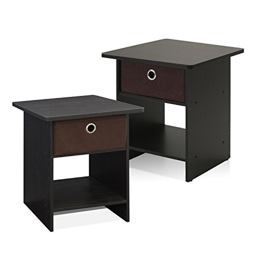 Furinno Dario End Table / Side Table / Night Stand / Bedside Table with Bin Drawer, 2-Pack, Espresso/Brown - color: Espresso/Brown, size: 2-Pack, Upper Bin