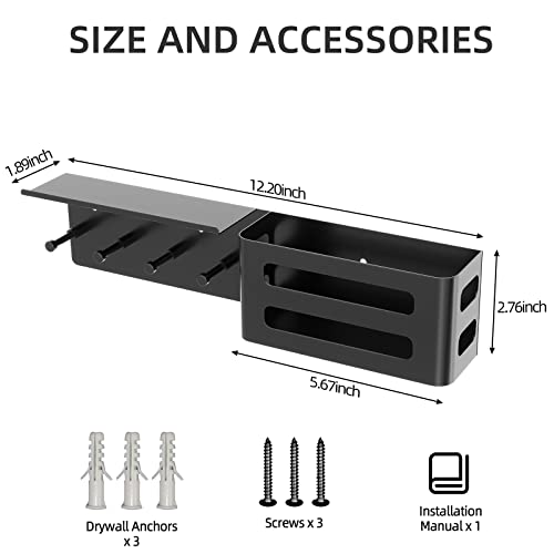 MKO Key Holder for Wall, Mail Organizer Key Rack with Tray, Key Holder Adhesive Wall Mount, 4 Hooks(Black) - color: Black with Shelf