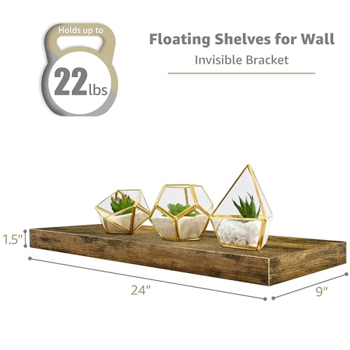 Sorbus Floating Shelves for Wall - 24" Bathroom Shelves, Wall Decor for Bedroom, Kitchen, Living Room, Home Decor & Book storage - Mounted Floating Shelf with Invisible Brackets (Rustic Brown, 2 Pack) - color: Rustic Brown, size: 2 Pack