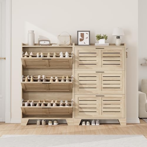 IDEALHOSUE Shoe Cabinet Storage for Entryway, Slim Shoe Storage Cabinet with 3 Flip Drawers, Freestanding Hidden Narrow Shoe Organizer Cabinet with Hooks for Entrance, Foyer, Hallway, Light Oak - color: Light Oak, size: 3-Drawers