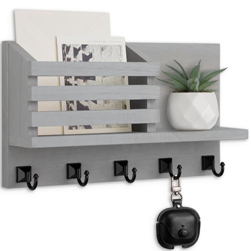 Key Holder Wall Mount, Mail Organizer for Wall with 5 Square Rustic Key Hooks Key Shelf Farmhouse Home Decor for Entryway - color: Gray