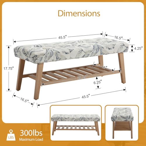 Wooden End of Bed Bench with Shoe Shelf 2 Tier Farmhouse Button Tufted Linen Fabric Upholstered Entryway Bench for Living Room/Bedroom/Hallway/Window Corner, Blue - color: Blue