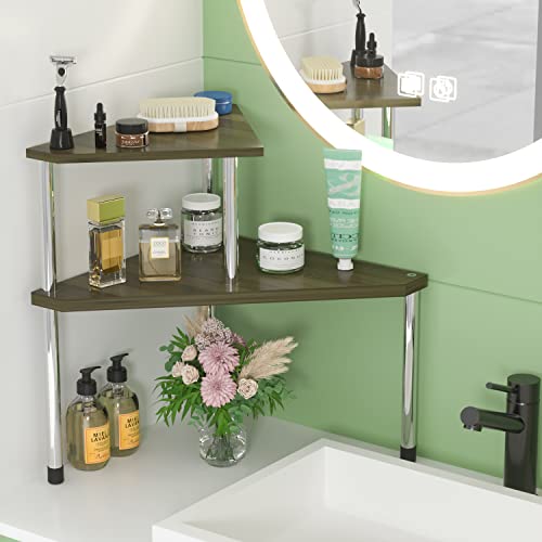 Weenson Bathroom Counter Organizer Corner Shelf - 2 Tier Bathroom Organization Bamboo Bathroom Sink Shelf Kitchen Countertop Organizer Adjustable Free-Standing Counter Storage Shelf(Antique) - color: Antique