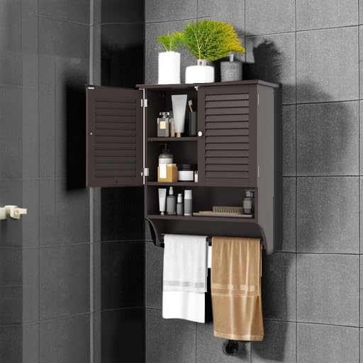 Tangkula Wall Mounted Bathroom Cabinet w/Open Shelf & Bar, Medicine Cabinet w/Double Louvered Doors, Adjustable Shelf, Wall Storage Cabinet for Bathroom Living Room Kitchen (Espresso) - color: Espresso
