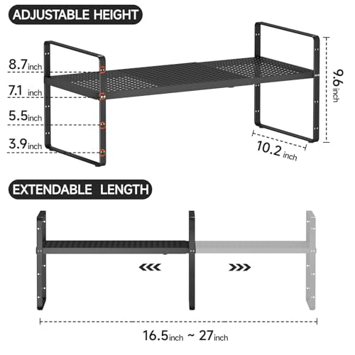 Expandable Cabinet Countertop Shelves 16.5-27’’L, Adjustable Metal Spice Rack Organizer, Stackable Kitchen Counter Storage Shelves Organizers for Cabinet Organization, Black - size: 1Pack-Special-10.2''Wx(16.5-27'')Lx9.6''H-Black