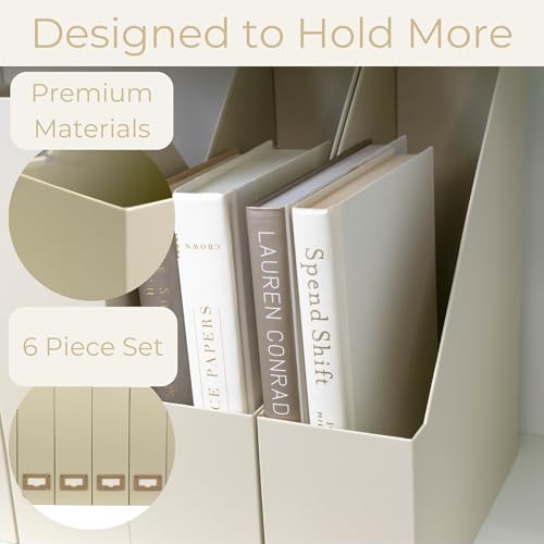BLU MONACO | Cardboard Magazine File Holder Set of 6 | Vertical Magazine File Holder with Label Slots | Beige Linen Foldable File Organizers for Desk Shelf Office - color: Grey Linen
