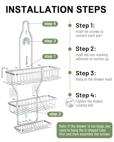 Shower Caddy Hanging - Never Rust Shower Hanging Organizer - Aluminum Over the ShowerHead Caddy with Soap Basket and 6 Hooks for Razor/Sponge (Frosted Silver) - color: Shiny Silver