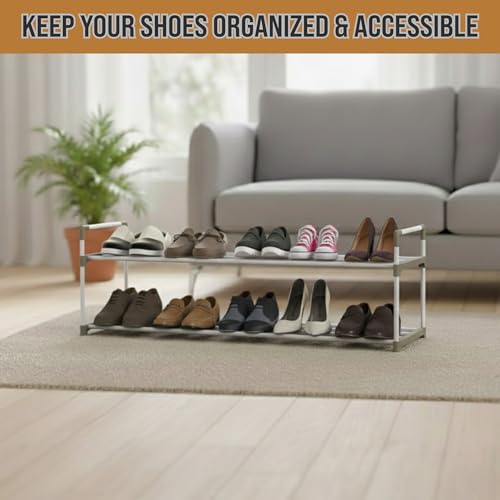 Home-Complete Shoe Rack – 2-Tier Shoe Organizer for Closet, Bathroom, Entryway – Shelf Holds 10 Pairs of Sneakers, Heels, and Boots (White) - color: White, size: 2-Tier