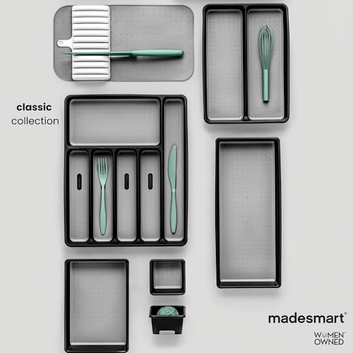 madesmart Expandable Silverware Tray, 8 Compartment Silverware Organizer for Forks, Knives & Spoons, Non Slip, Soft Grip Base, Expands to Fit Most Drawers, Carbon